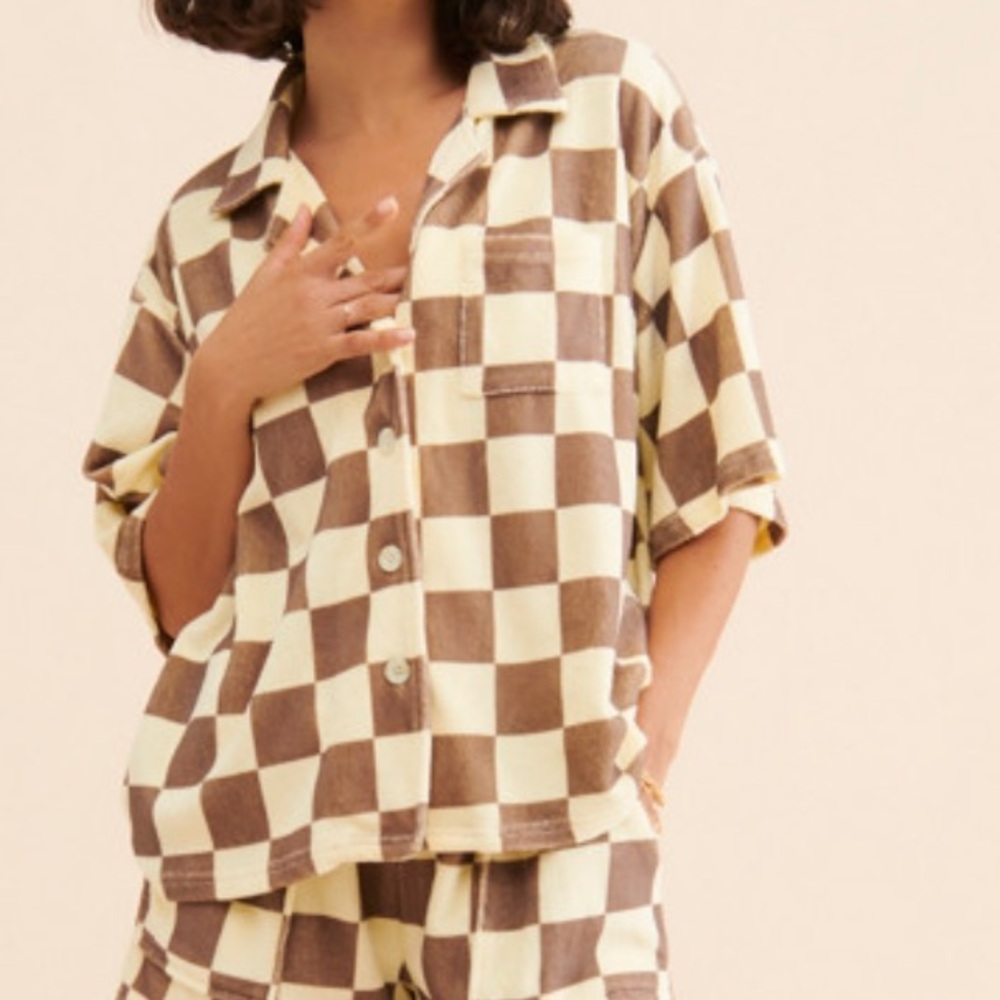ONA Cream Brown Checkered Terry Oversized Button Down Short Sleeve Top M